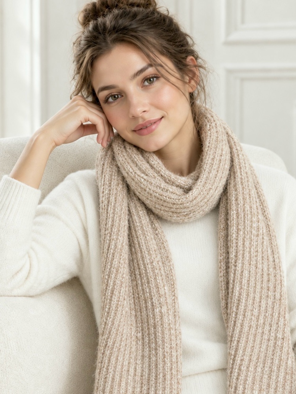 J. Crew Knit Scarf Textured Vertical Stitch Pattern Ribbed Light Brown Warm Cozy - Picture 4 of 7